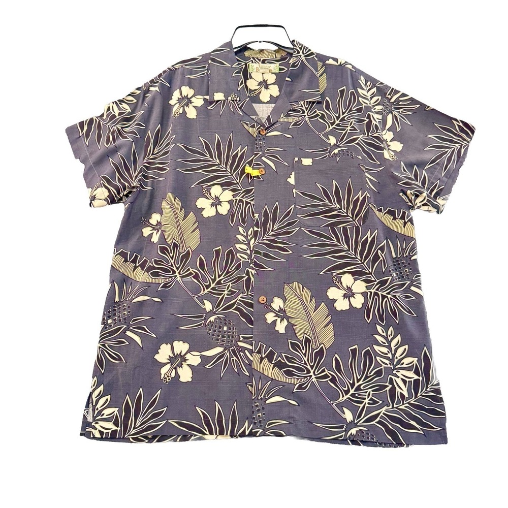 Tommy Bahama Shirt Men's L Blue 100% Silk Camp Button Up Pocket Floral Inlay